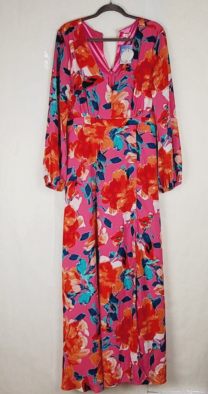 En Creme Brielle magenta floral long sleeve side slit vneck maxi dress large